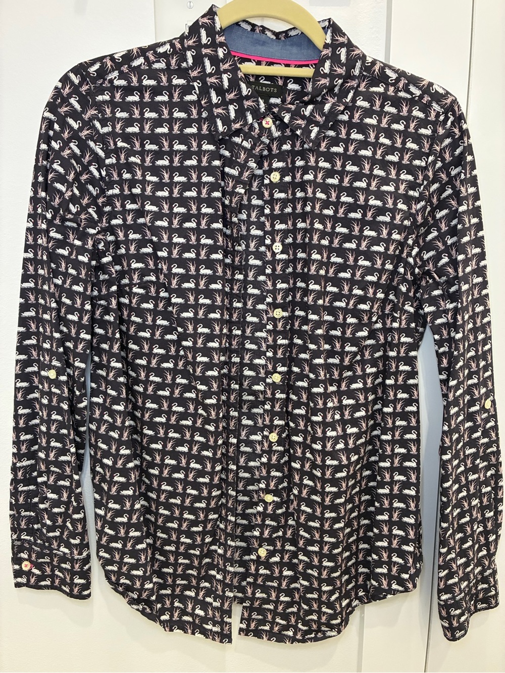 Talbots Blue Long-Sleeve Button-Down Shirt with Pink and White Swan Print